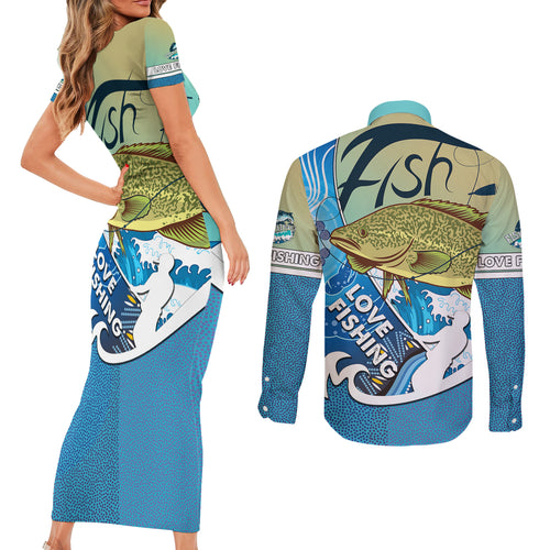 australia-fishing-couples-matching-short-sleeve-bodycon-dress-and-long-sleeve-button-shirts-love-fishing-murray-cod-in-aboriginal-art-patterns