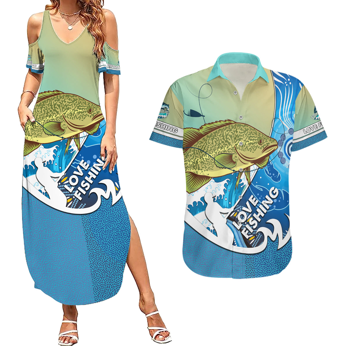 australia-fishing-couples-matching-summer-maxi-dress-and-hawaiian-shirt-love-fishing-murray-cod-in-aboriginal-art-patterns
