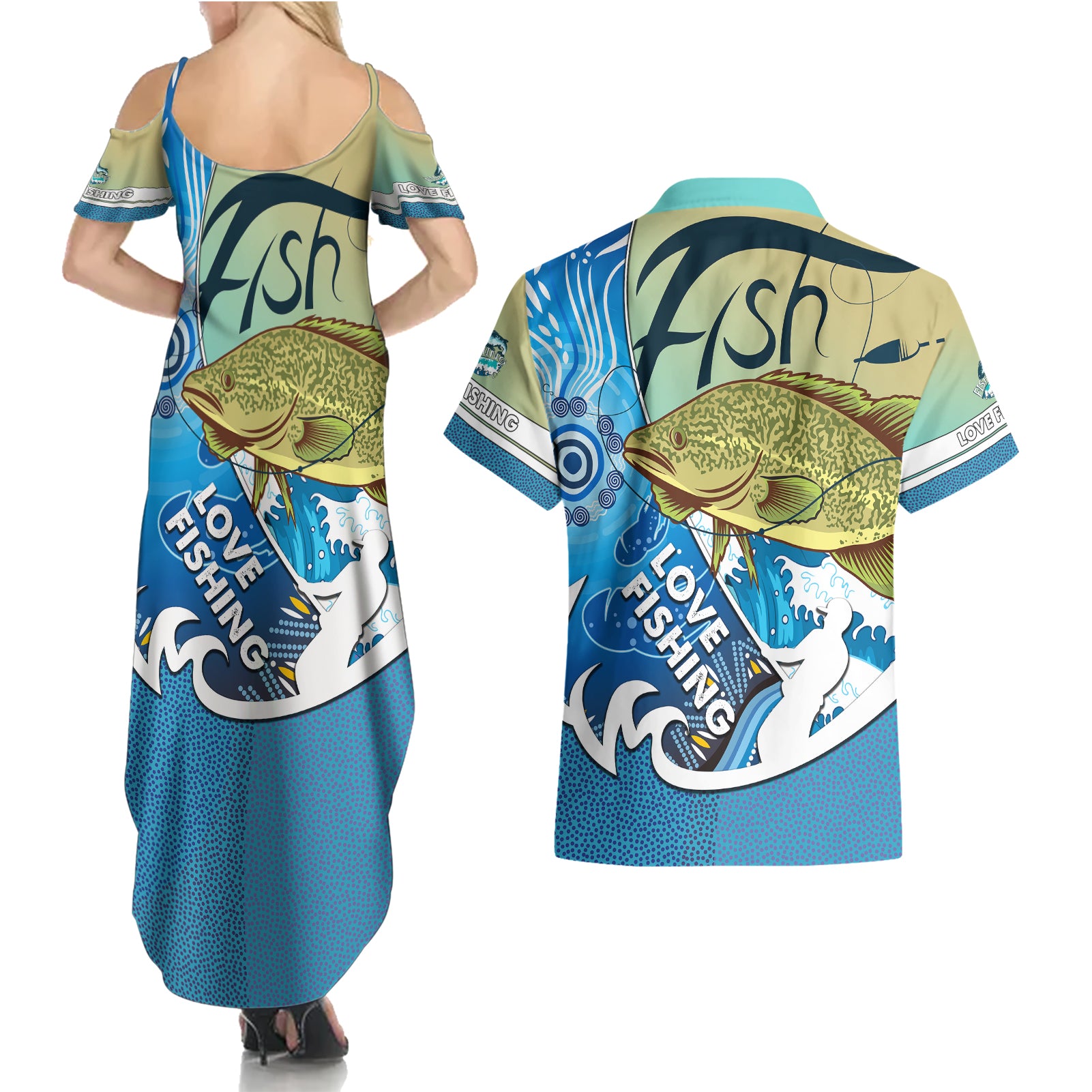 australia-fishing-couples-matching-summer-maxi-dress-and-hawaiian-shirt-love-fishing-murray-cod-in-aboriginal-art-patterns