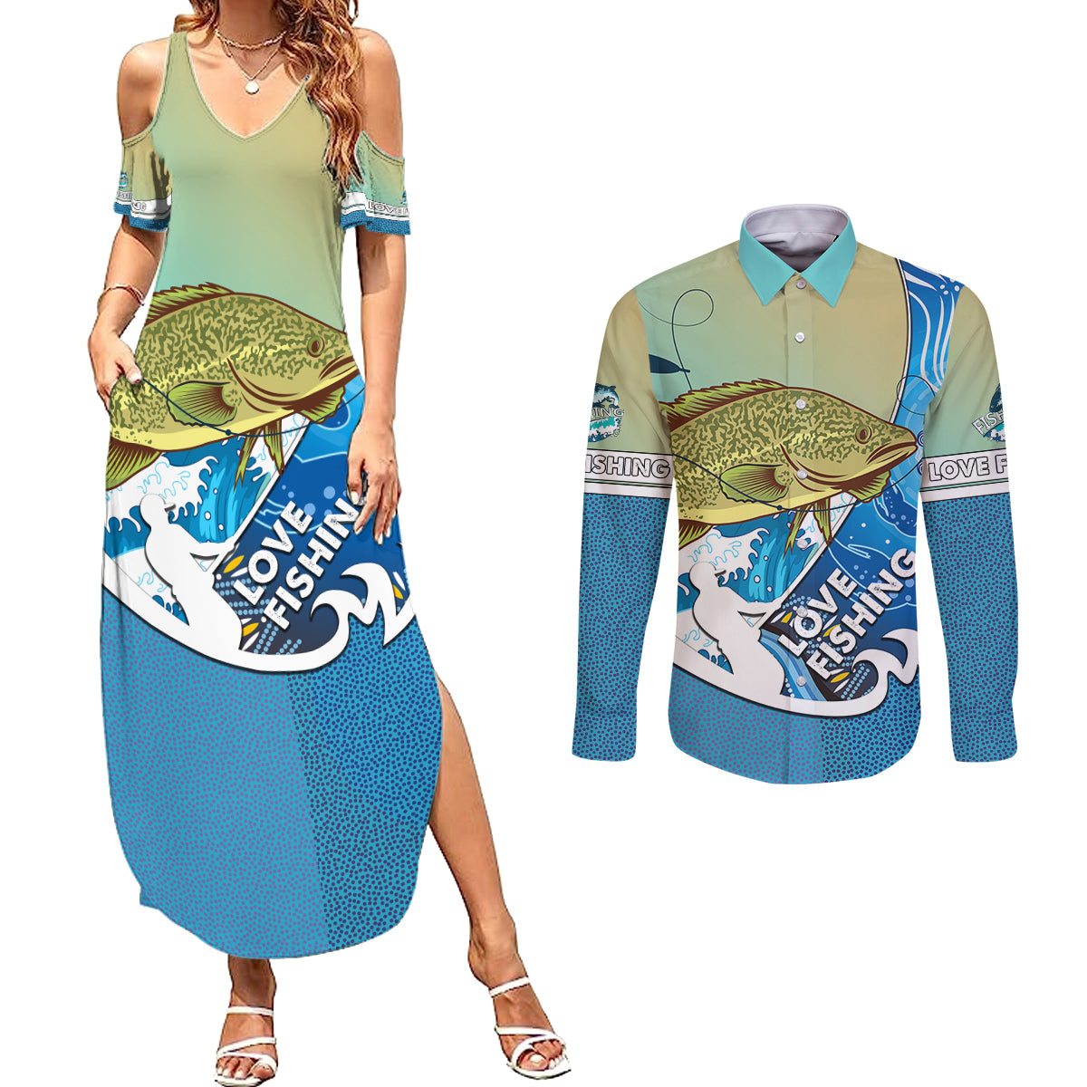 australia-fishing-couples-matching-summer-maxi-dress-and-long-sleeve-button-shirts-love-fishing-murray-cod-in-aboriginal-art-patterns