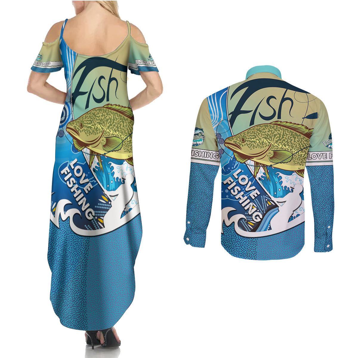 australia-fishing-couples-matching-summer-maxi-dress-and-long-sleeve-button-shirts-love-fishing-murray-cod-in-aboriginal-art-patterns
