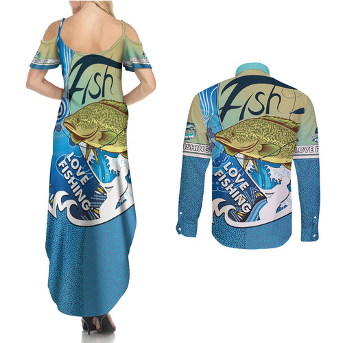 australia-fishing-couples-matching-summer-maxi-dress-and-long-sleeve-button-shirts-love-fishing-murray-cod-in-aboriginal-art-patterns