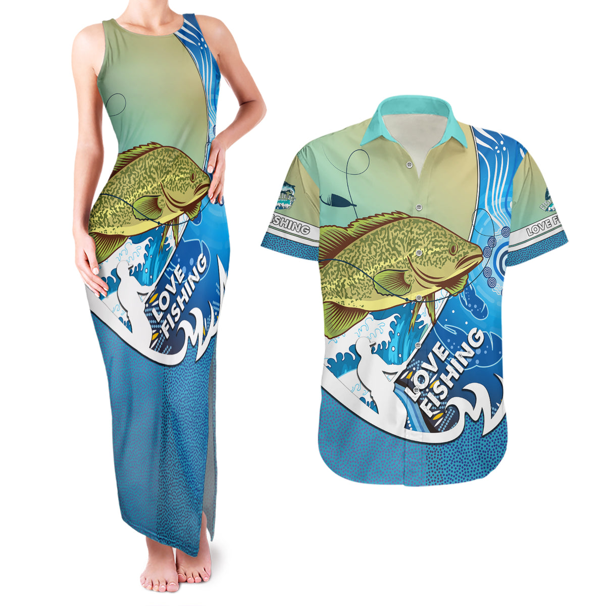 australia-fishing-couples-matching-tank-maxi-dress-and-hawaiian-shirt-love-fishing-murray-cod-in-aboriginal-art-patterns