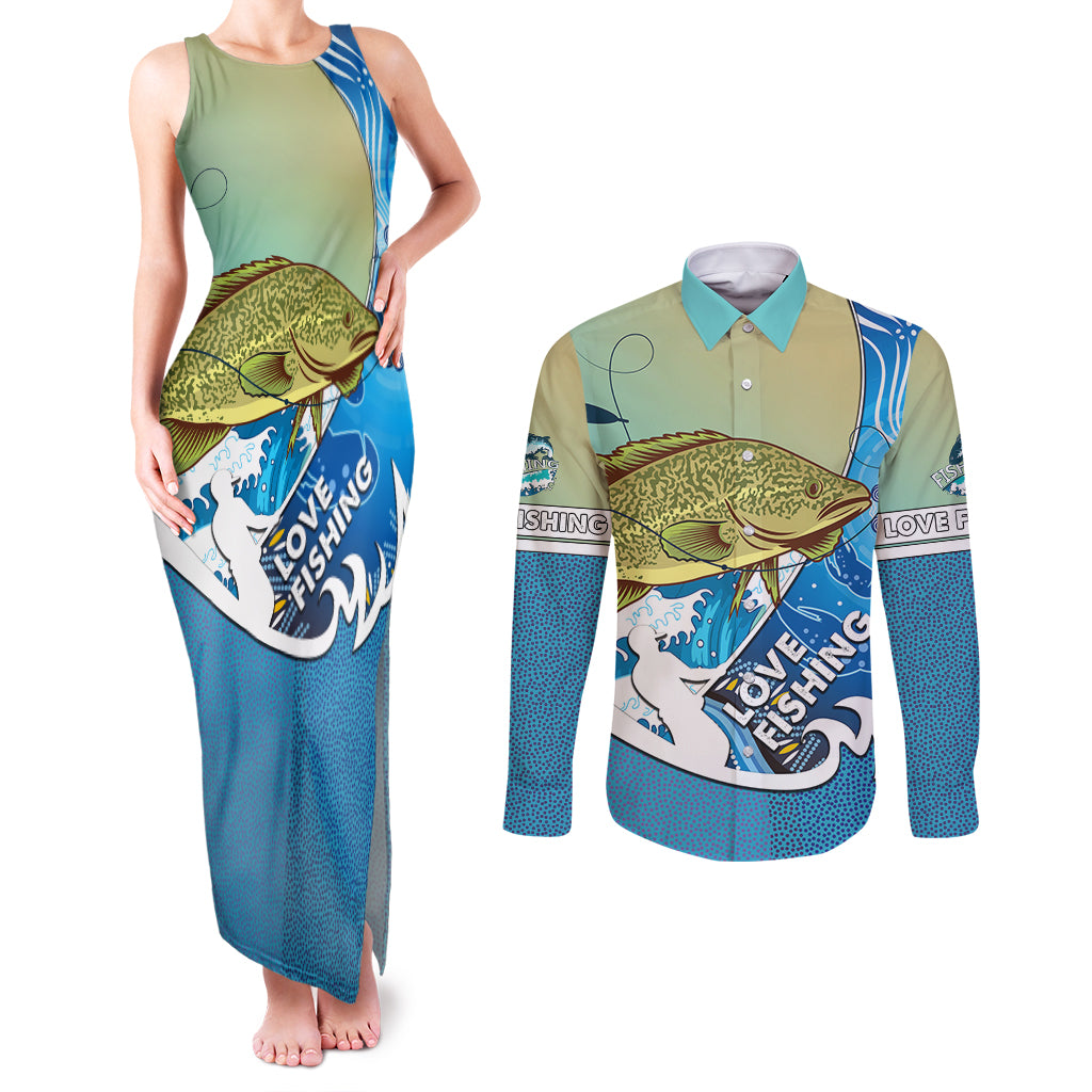 australia-fishing-couples-matching-tank-maxi-dress-and-long-sleeve-button-shirts-love-fishing-murray-cod-in-aboriginal-art-patterns