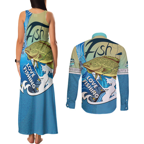 australia-fishing-couples-matching-tank-maxi-dress-and-long-sleeve-button-shirts-love-fishing-murray-cod-in-aboriginal-art-patterns