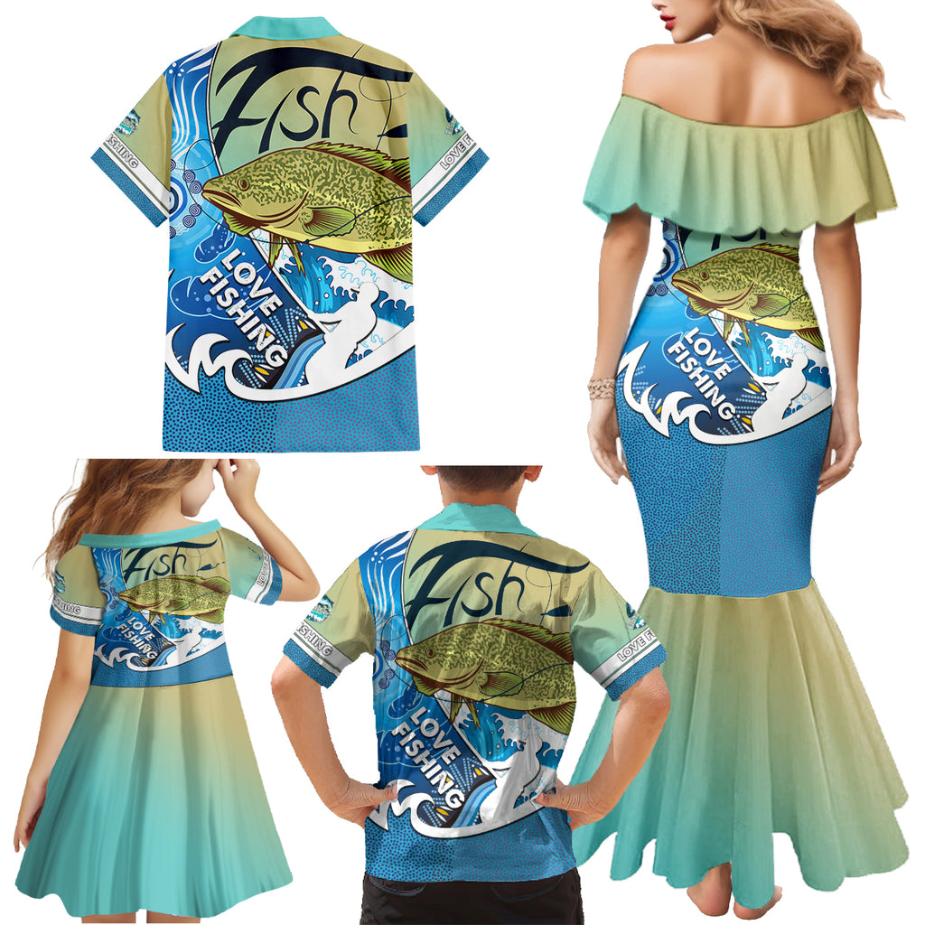 australia-fishing-family-matching-mermaid-dress-and-hawaiian-shirt-love-fishing-murray-cod-in-aboriginal-art-patterns