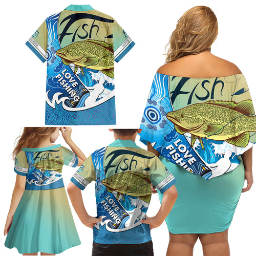 australia-fishing-family-matching-off-shoulder-short-dress-and-hawaiian-shirt-love-fishing-murray-cod-in-aboriginal-art-patterns