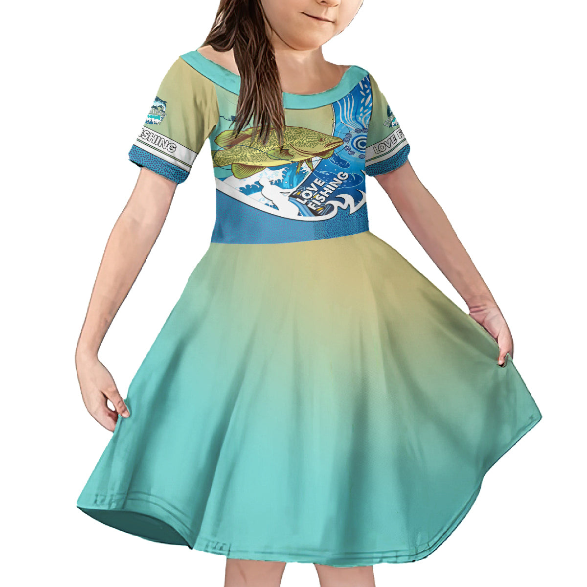 australia-fishing-kid-short-sleeve-dress-love-fishing-murray-cod-in-aboriginal-art-patterns