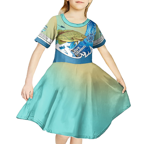 australia-fishing-kid-short-sleeve-dress-love-fishing-murray-cod-in-aboriginal-art-patterns