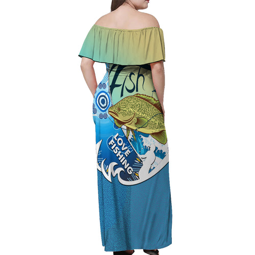 australia-fishing-off-shoulder-maxi-dress-love-fishing-murray-cod-in-aboriginal-art-patterns