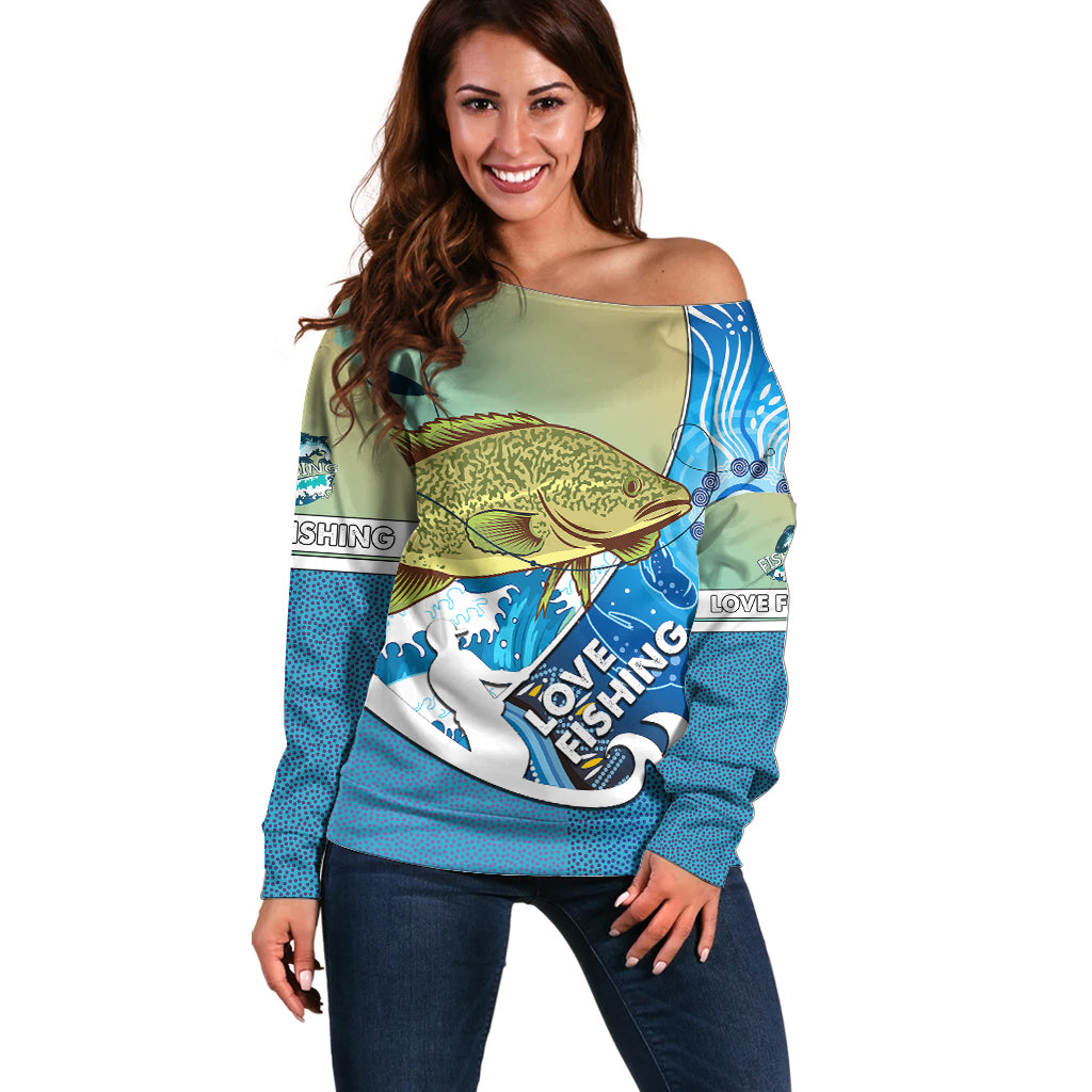 australia-fishing-off-shoulder-sweater-love-fishing-murray-cod-in-aboriginal-art-patterns