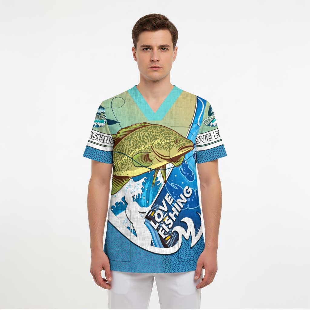 Australia Fishing Scrub Top Love Fishing Murray Cod In Aboriginal Art Patterns - Aussie Hoodie