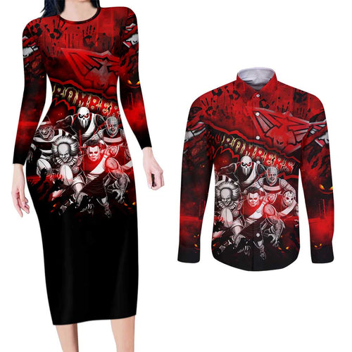 Step Into Horror Domain Bombers Football Couples Matching Long Sleeve Bodycon Dress and Long Sleeve Button Shirt Halloween Horror Movie Characters - Aussie Hoodie