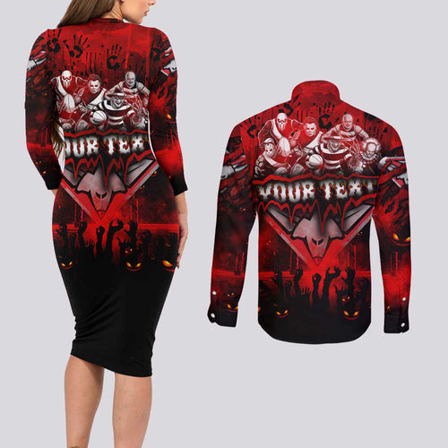 Step Into Horror Domain Bombers Football Couples Matching Long Sleeve Bodycon Dress and Long Sleeve Button Shirt Halloween Horror Movie Characters - Aussie Hoodie