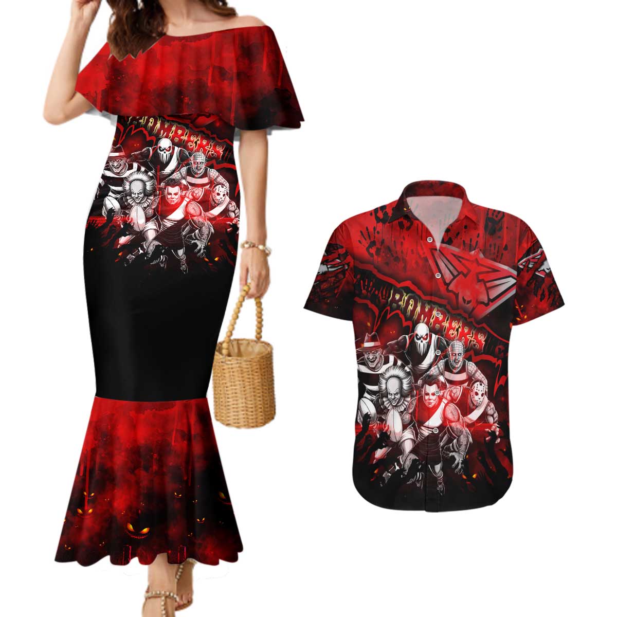 Step Into Horror Domain Bombers Football Couples Matching Mermaid Dress and Hawaiian Shirt Halloween Horror Movie Characters - Aussie Hoodie