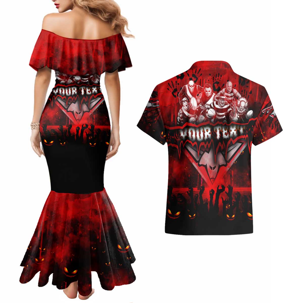 Step Into Horror Domain Bombers Football Couples Matching Mermaid Dress and Hawaiian Shirt Halloween Horror Movie Characters - Aussie Hoodie
