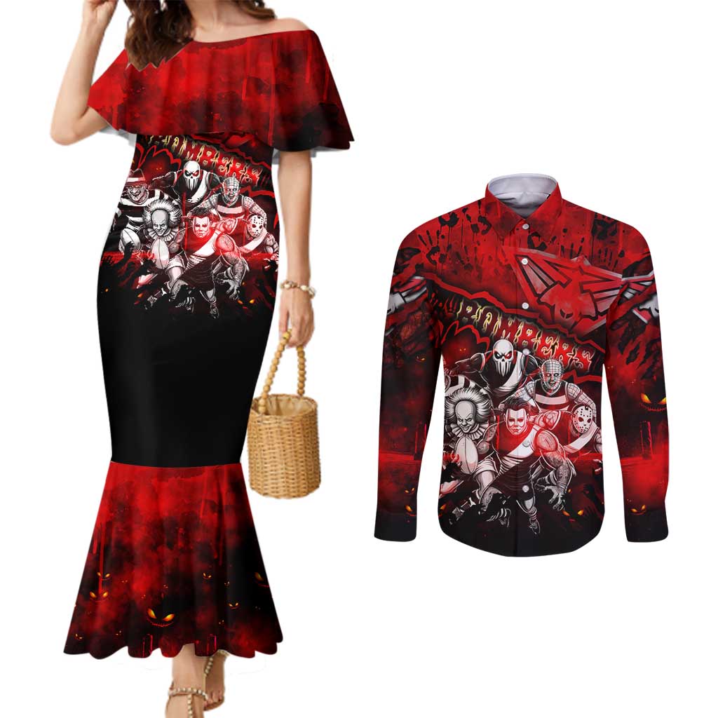 Step Into Horror Domain Bombers Football Couples Matching Mermaid Dress and Long Sleeve Button Shirt Halloween Horror Movie Characters - Aussie Hoodie
