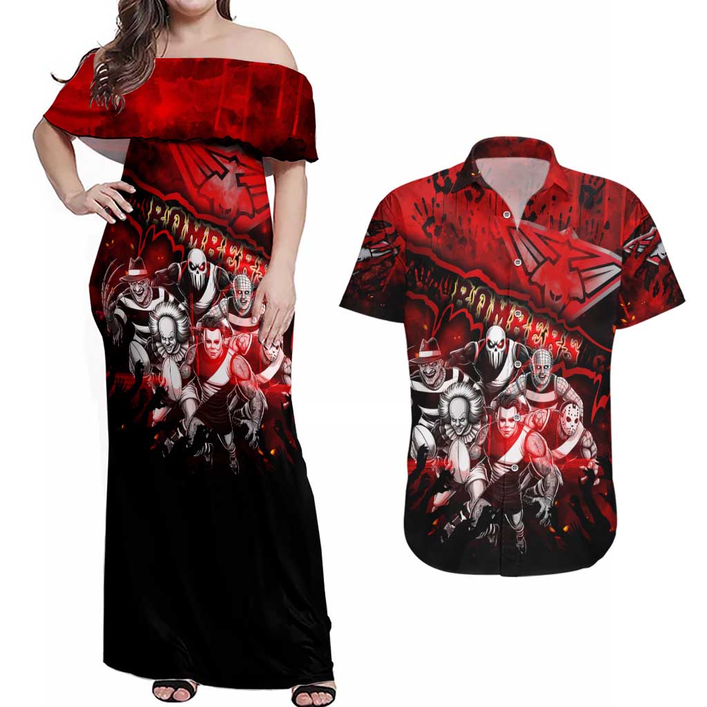 Step Into Horror Domain Bombers Football Couples Matching Off Shoulder Maxi Dress and Hawaiian Shirt Halloween Horror Movie Characters - Aussie Hoodie
