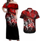 Step Into Horror Domain Bombers Football Couples Matching Off Shoulder Maxi Dress and Hawaiian Shirt Halloween Horror Movie Characters - Aussie Hoodie