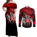 Step Into Horror Domain Bombers Football Couples Matching Off Shoulder Maxi Dress and Long Sleeve Button Shirt Halloween Horror Movie Characters - Aussie Hoodie