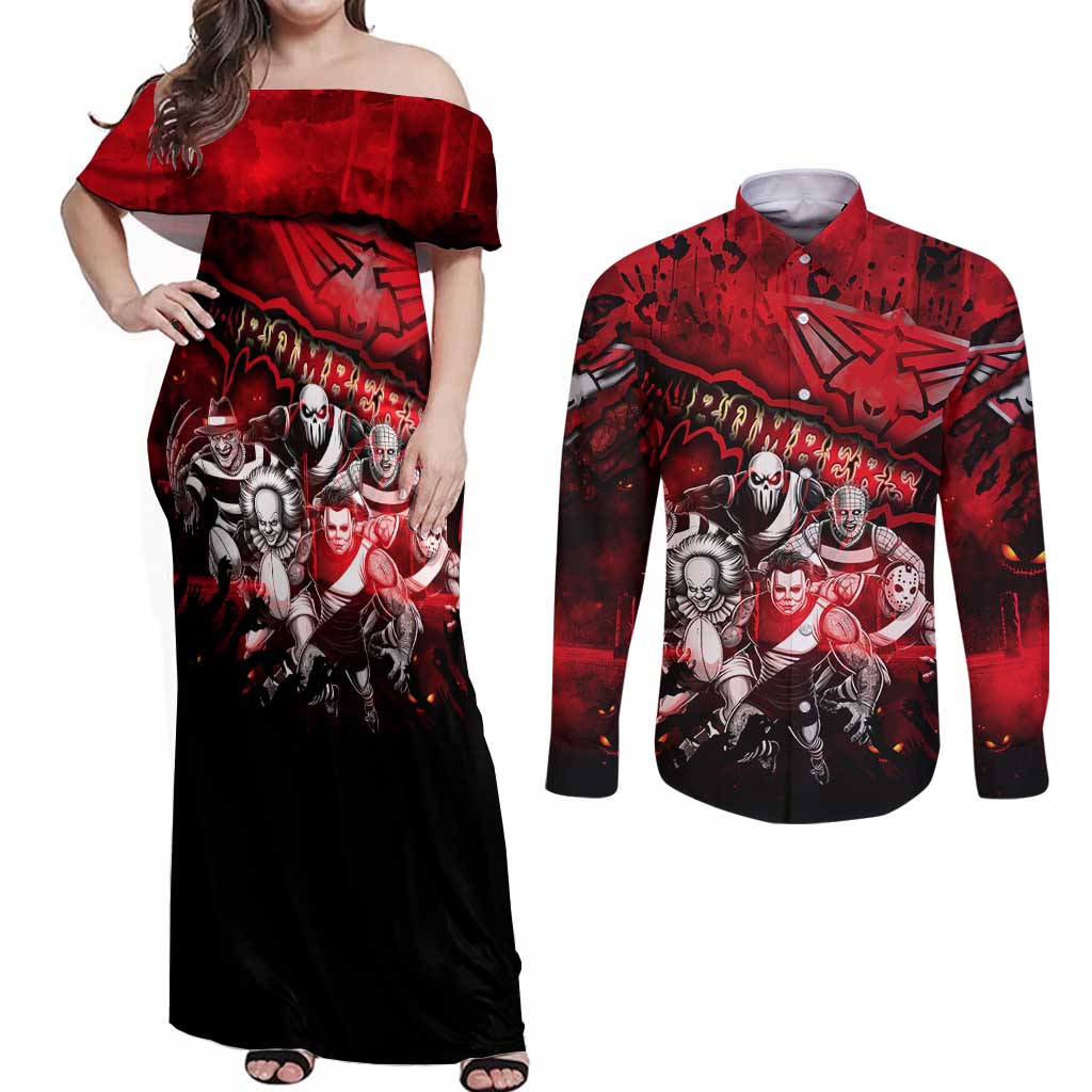 Step Into Horror Domain Bombers Football Couples Matching Off Shoulder Maxi Dress and Long Sleeve Button Shirt Halloween Horror Movie Characters - Aussie Hoodie