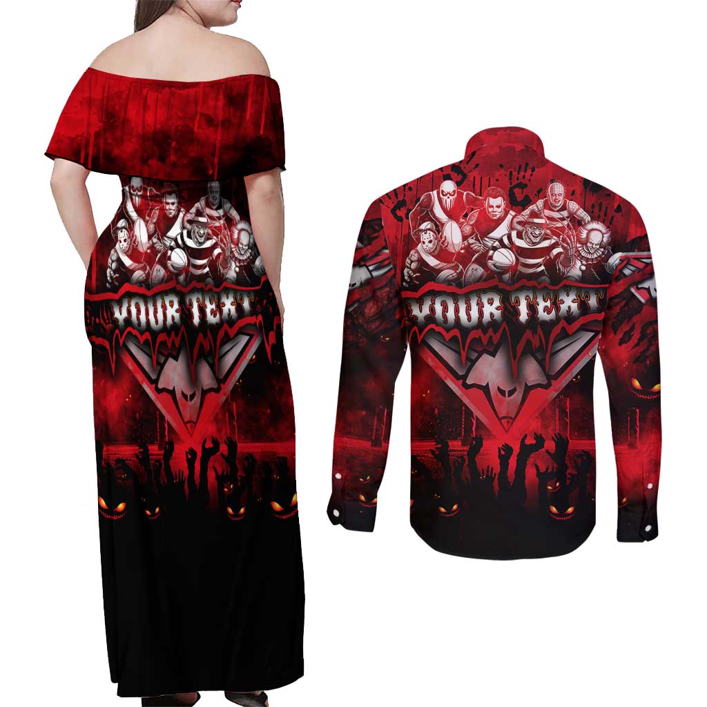 Step Into Horror Domain Bombers Football Couples Matching Off Shoulder Maxi Dress and Long Sleeve Button Shirt Halloween Horror Movie Characters - Aussie Hoodie