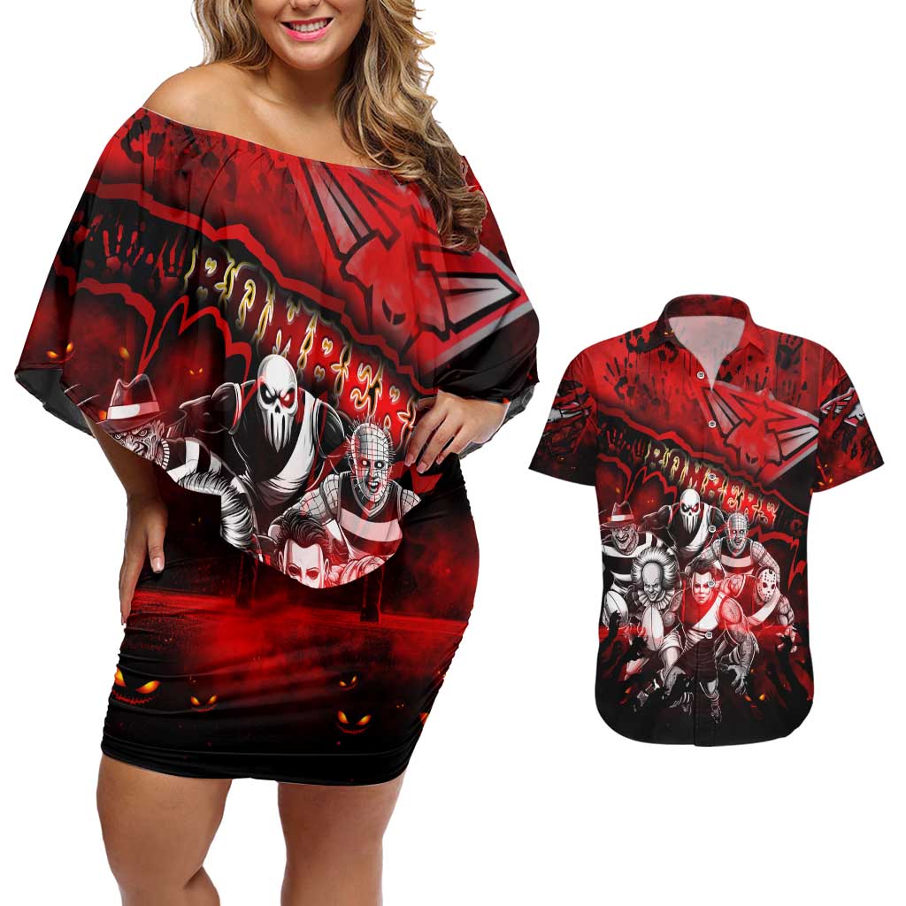 Step Into Horror Domain Bombers Football Couples Matching Off Shoulder Short Dress and Hawaiian Shirt Halloween Horror Movie Characters - Aussie Hoodie
