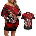 Step Into Horror Domain Bombers Football Couples Matching Off Shoulder Short Dress and Hawaiian Shirt Halloween Horror Movie Characters - Aussie Hoodie
