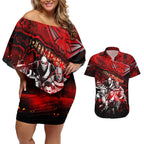 Step Into Horror Domain Bombers Football Couples Matching Off Shoulder Short Dress and Hawaiian Shirt Halloween Horror Movie Characters - Aussie Hoodie
