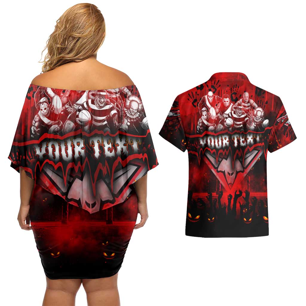 Step Into Horror Domain Bombers Football Couples Matching Off Shoulder Short Dress and Hawaiian Shirt Halloween Horror Movie Characters - Aussie Hoodie