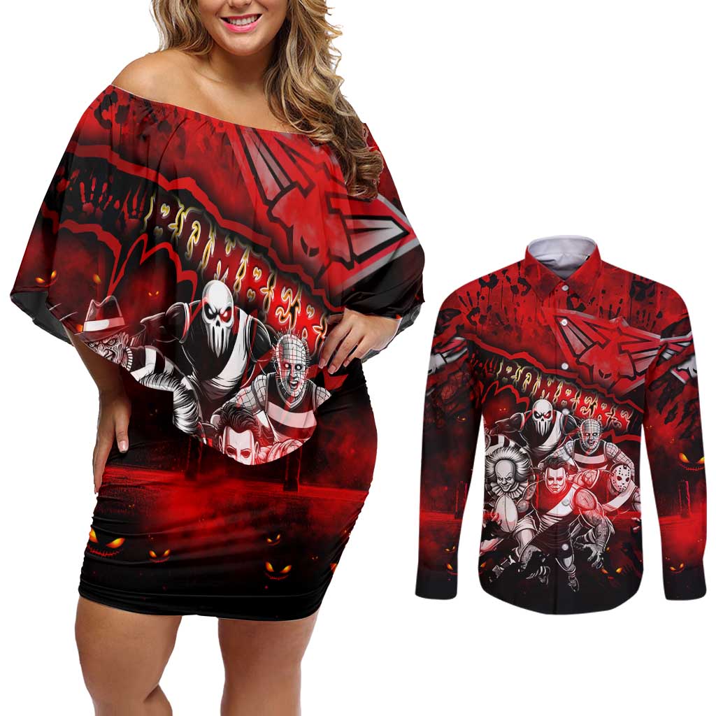 Step Into Horror Domain Bombers Football Couples Matching Off Shoulder Short Dress and Long Sleeve Button Shirt Halloween Horror Movie Characters - Aussie Hoodie