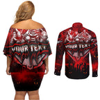 Step Into Horror Domain Bombers Football Couples Matching Off Shoulder Short Dress and Long Sleeve Button Shirt Halloween Horror Movie Characters - Aussie Hoodie