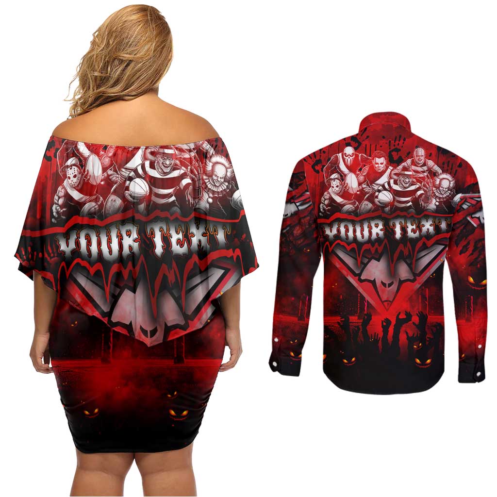 Step Into Horror Domain Bombers Football Couples Matching Off Shoulder Short Dress and Long Sleeve Button Shirt Halloween Horror Movie Characters - Aussie Hoodie