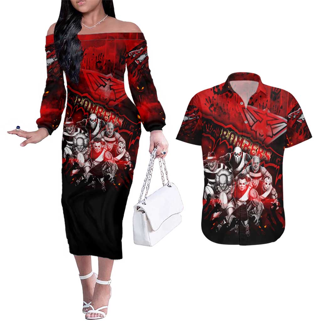 Step Into Horror Domain Bombers Football Couples Matching Off The Shoulder Long Sleeve Dress and Hawaiian Shirt Halloween Horror Movie Characters - Aussie Hoodie