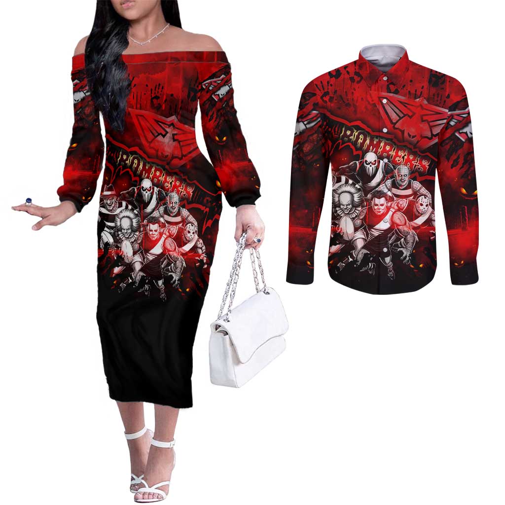 Step Into Horror Domain Bombers Football Couples Matching Off The Shoulder Long Sleeve Dress and Long Sleeve Button Shirt Halloween Horror Movie Characters - Aussie Hoodie