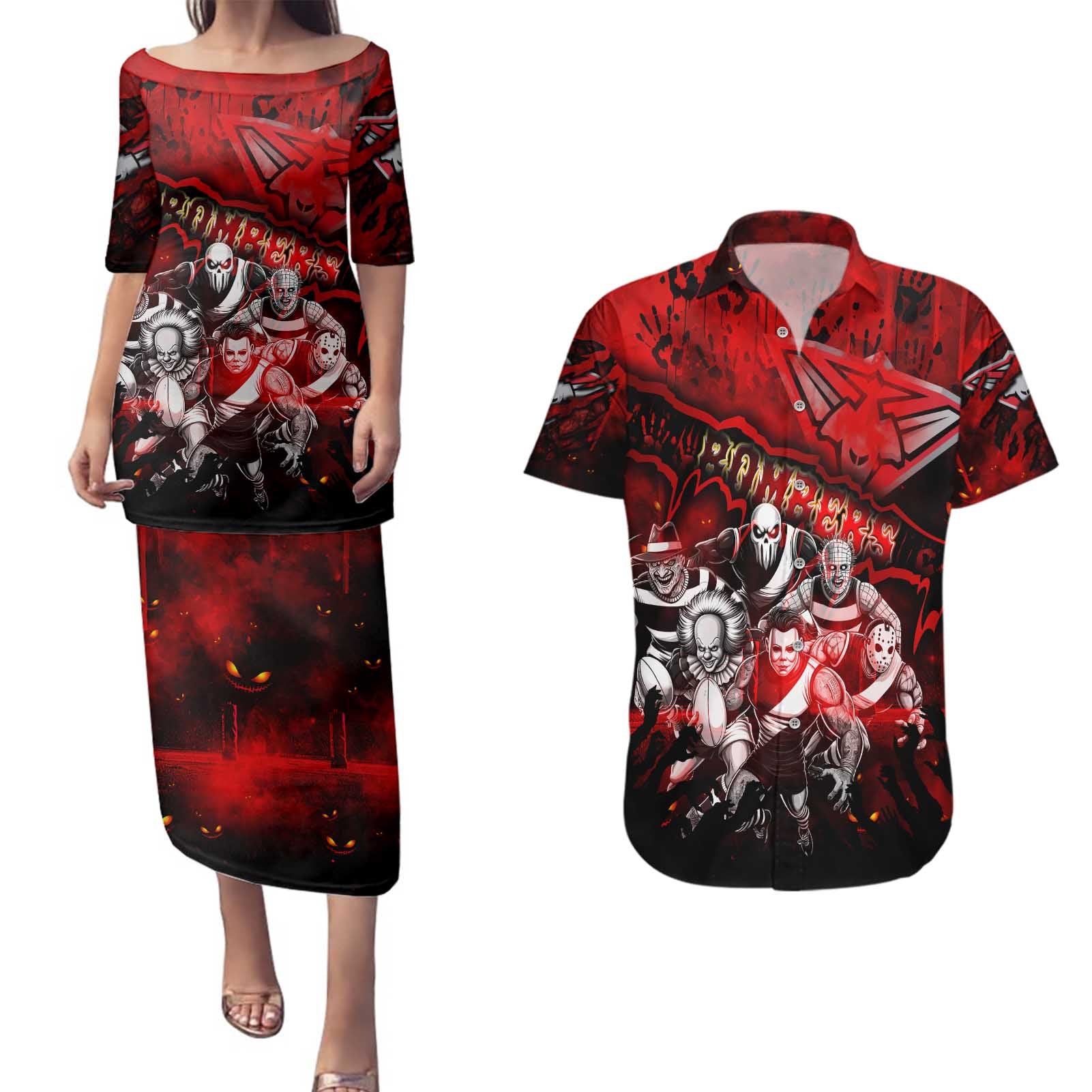 Step Into Horror Domain Bombers Football Couples Matching Puletasi and Hawaiian Shirt Halloween Horror Movie Characters - Aussie Hoodie