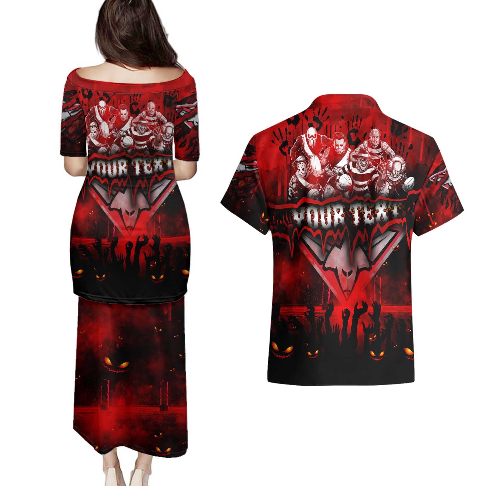 Step Into Horror Domain Bombers Football Couples Matching Puletasi and Hawaiian Shirt Halloween Horror Movie Characters - Aussie Hoodie