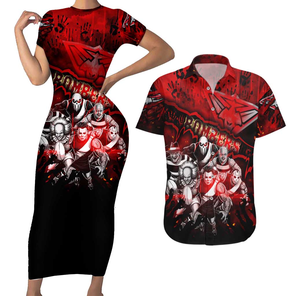 Step Into Horror Domain Bombers Football Couples Matching Short Sleeve Bodycon Dress and Hawaiian Shirt Halloween Horror Movie Characters - Aussie Hoodie