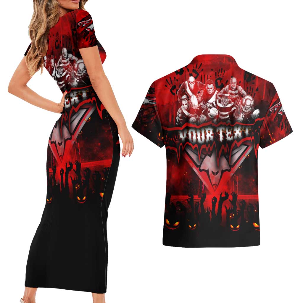 Step Into Horror Domain Bombers Football Couples Matching Short Sleeve Bodycon Dress and Hawaiian Shirt Halloween Horror Movie Characters - Aussie Hoodie