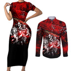 Step Into Horror Domain Bombers Football Couples Matching Short Sleeve Bodycon Dress and Long Sleeve Button Shirt Halloween Horror Movie Characters - Aussie Hoodie