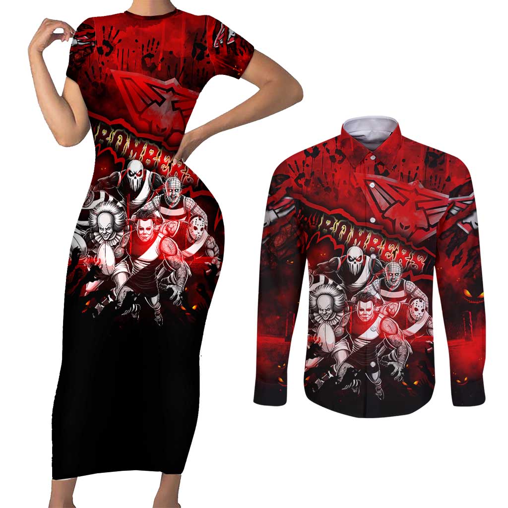 Step Into Horror Domain Bombers Football Couples Matching Short Sleeve Bodycon Dress and Long Sleeve Button Shirt Halloween Horror Movie Characters - Aussie Hoodie
