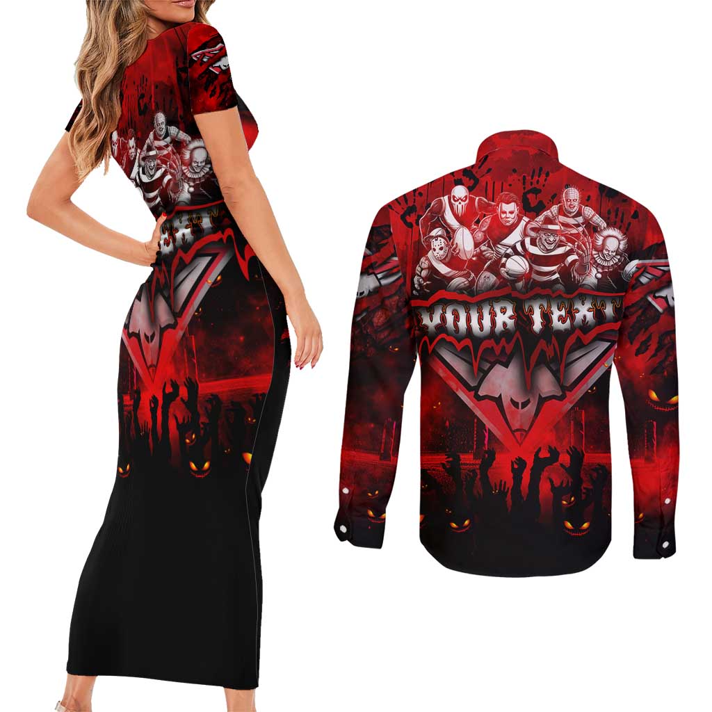 Step Into Horror Domain Bombers Football Couples Matching Short Sleeve Bodycon Dress and Long Sleeve Button Shirt Halloween Horror Movie Characters - Aussie Hoodie
