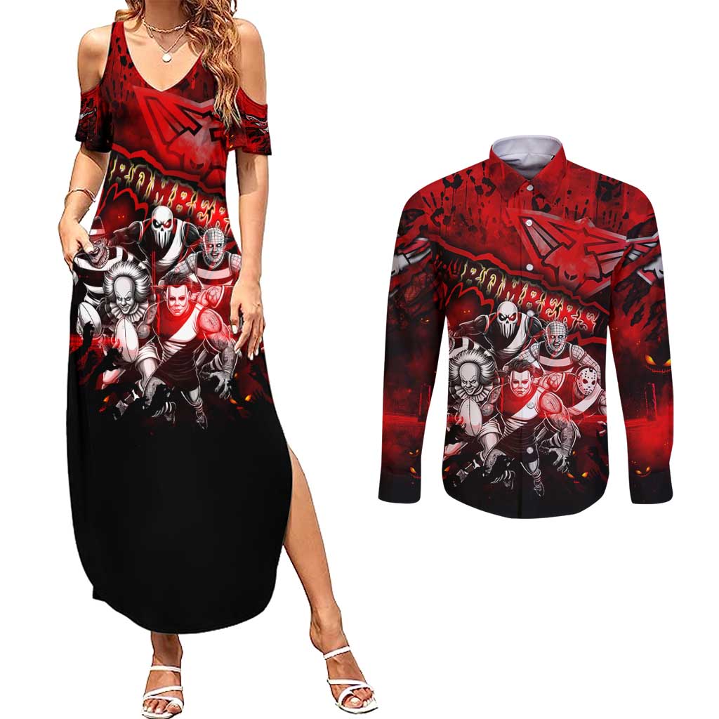 Step Into Horror Domain Bombers Football Couples Matching Summer Maxi Dress and Long Sleeve Button Shirt Halloween Horror Movie Characters - Aussie Hoodie