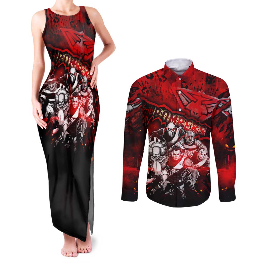 Step Into Horror Domain Bombers Football Couples Matching Tank Maxi Dress and Long Sleeve Button Shirt Halloween Horror Movie Characters - Aussie Hoodie