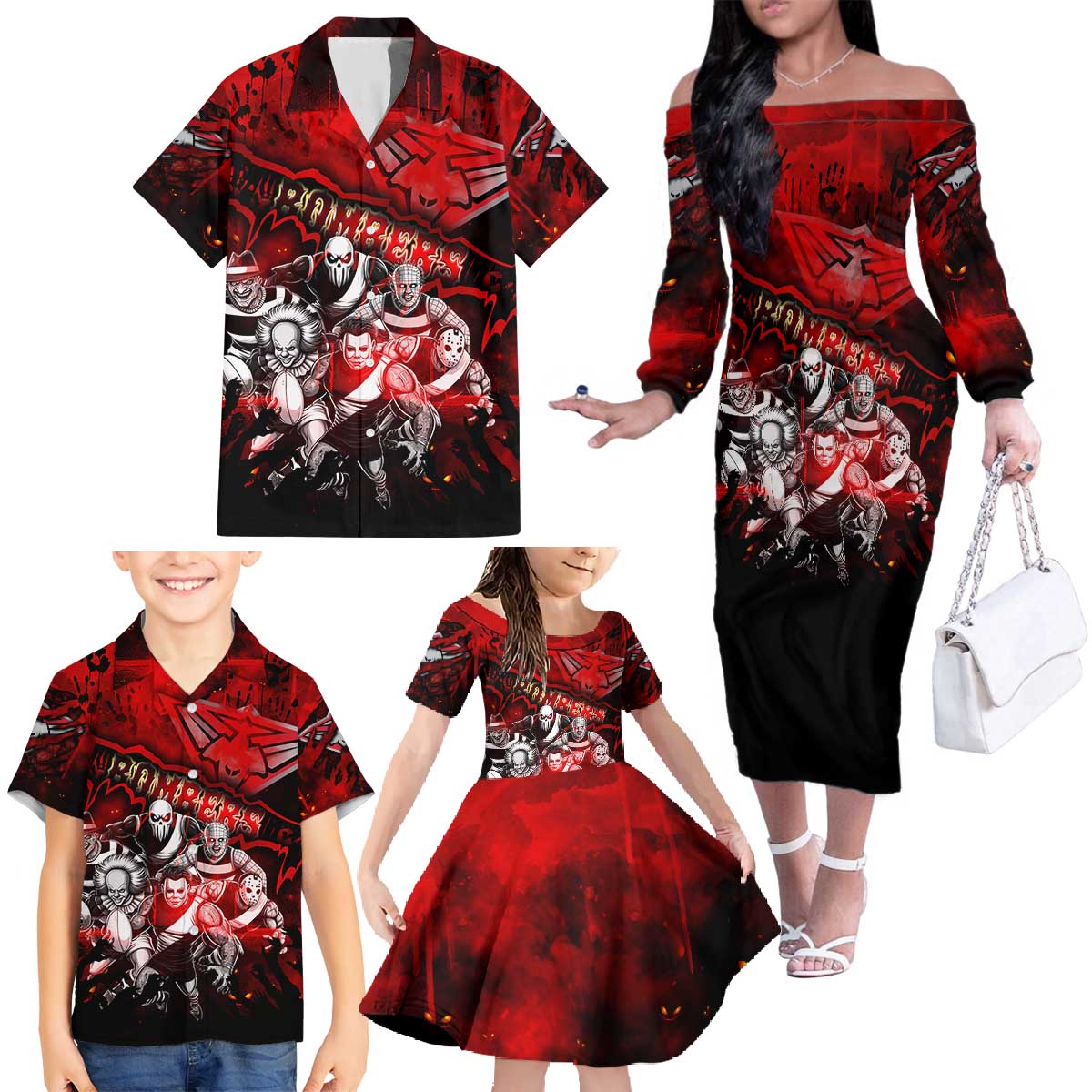 Step Into Horror Domain Bombers Football Family Matching Off The Shoulder Long Sleeve Dress and Hawaiian Shirt Halloween Horror Movie Characters - Aussie Hoodie
