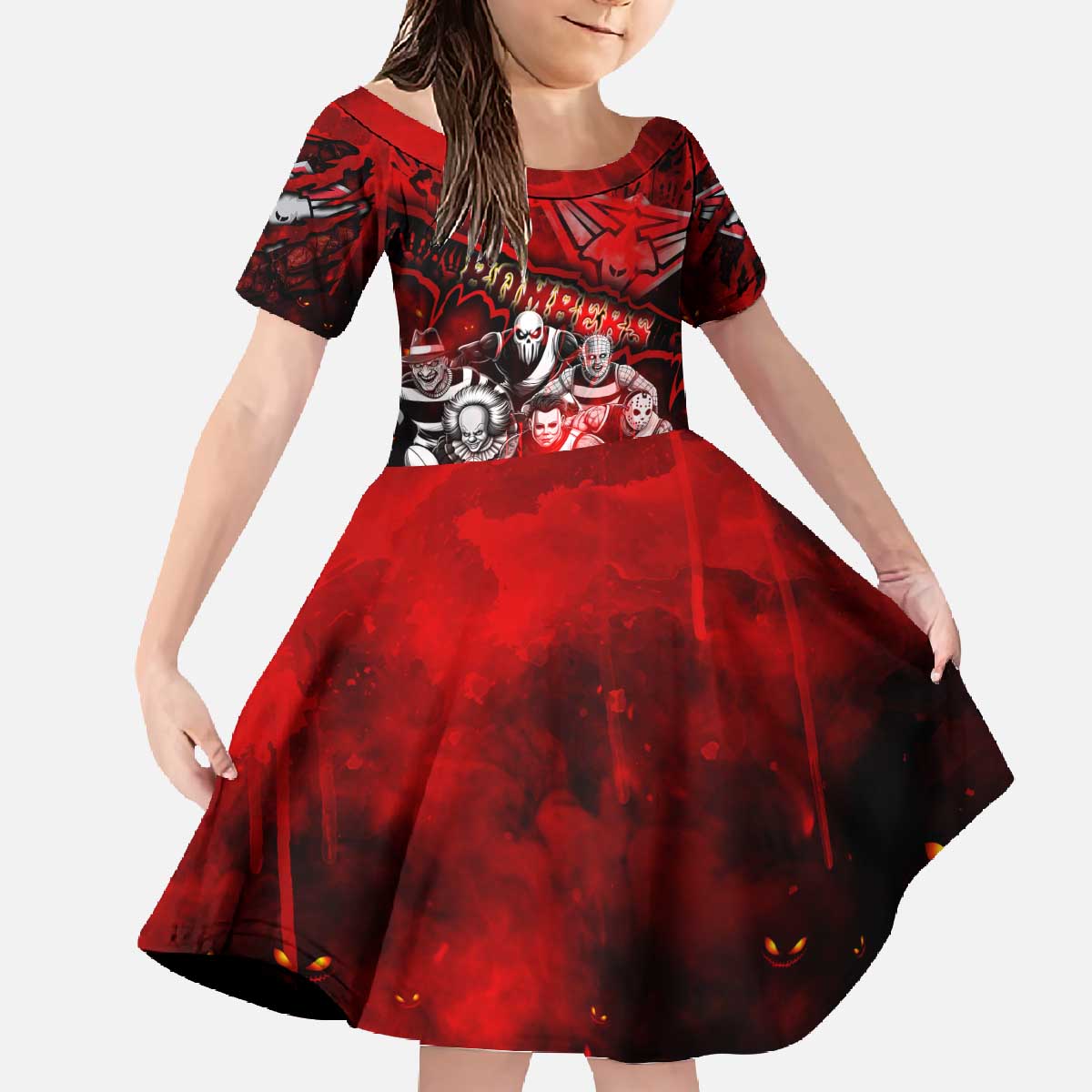 Step Into Horror Domain Bombers Football Family Matching Off The Shoulder Long Sleeve Dress and Hawaiian Shirt Halloween Horror Movie Characters - Aussie Hoodie