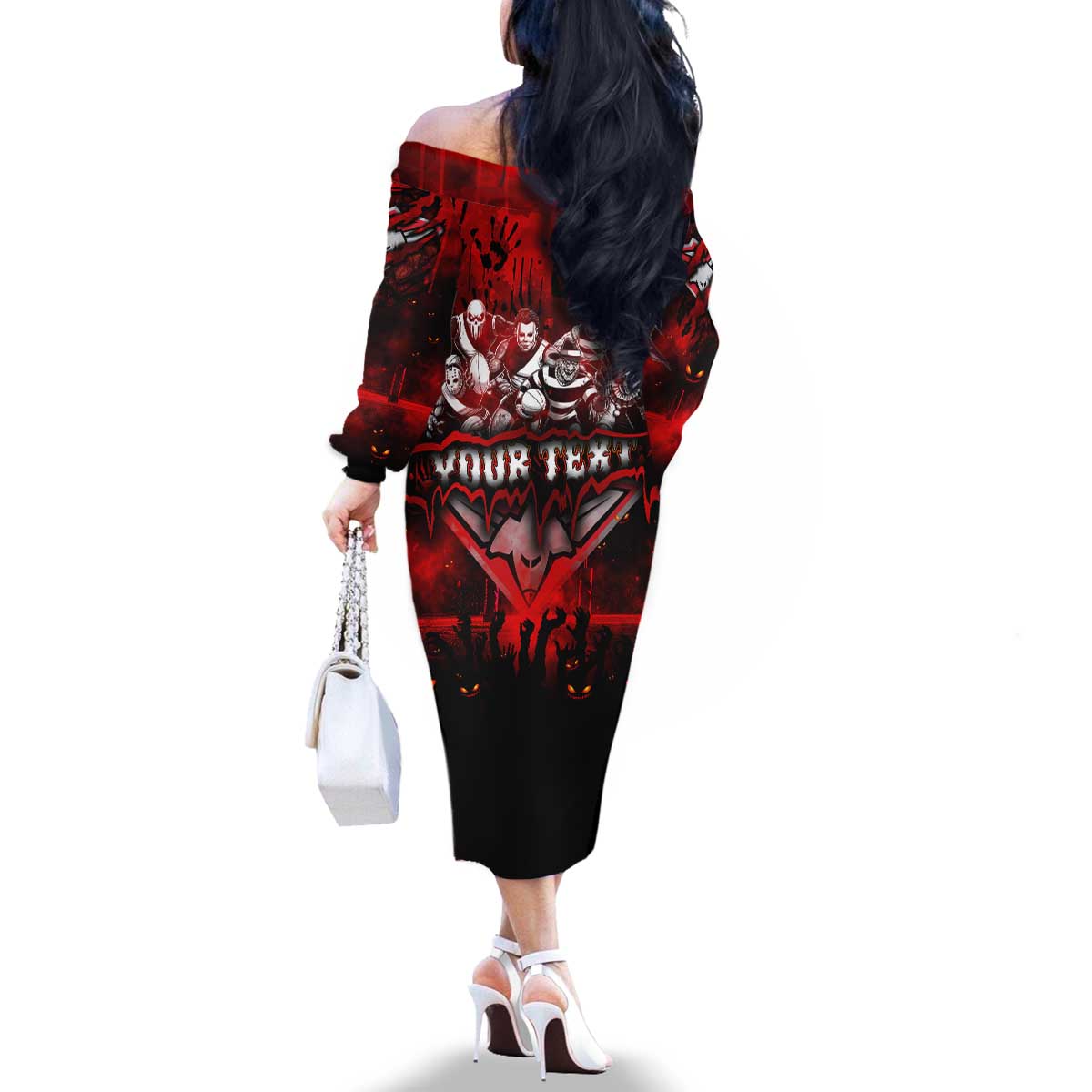 Step Into Horror Domain Bombers Football Family Matching Off The Shoulder Long Sleeve Dress and Hawaiian Shirt Halloween Horror Movie Characters - Aussie Hoodie