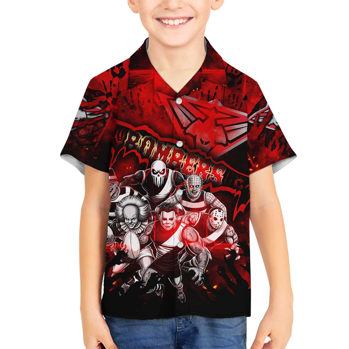 Step Into Horror Domain Bombers Football Family Matching Off The Shoulder Long Sleeve Dress and Hawaiian Shirt Halloween Horror Movie Characters - Aussie Hoodie