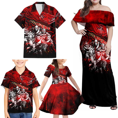 Step Into Horror Domain Bombers Football Family Matching Off Shoulder Maxi Dress and Hawaiian Shirt Halloween Horror Movie Characters - Aussie Hoodie