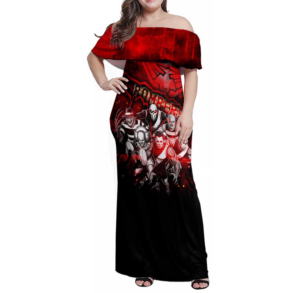 Step Into Horror Domain Bombers Football Family Matching Off Shoulder Maxi Dress and Hawaiian Shirt Halloween Horror Movie Characters - Aussie Hoodie